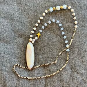 Gold Tone Rosary Style Crystal Beaded Necklace With Polished Quartz Pendant
